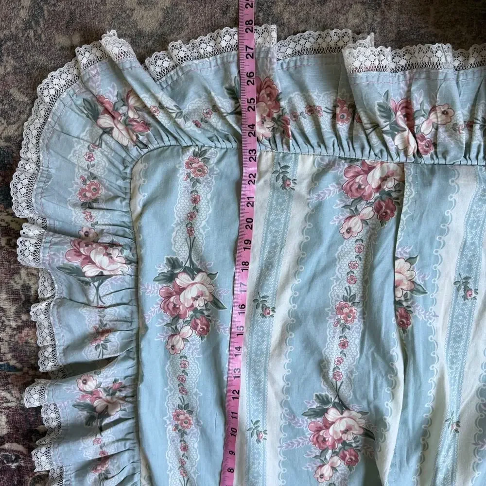 VTG Croscill Queen Comforter Skirt Shabby Chic Blue Floral QUILTED Lace Cottage